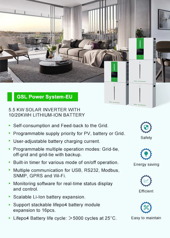 GSL All In One 5.5kw Hybrid & AC On & Off grid home battery storage system with 20.48kwh battery